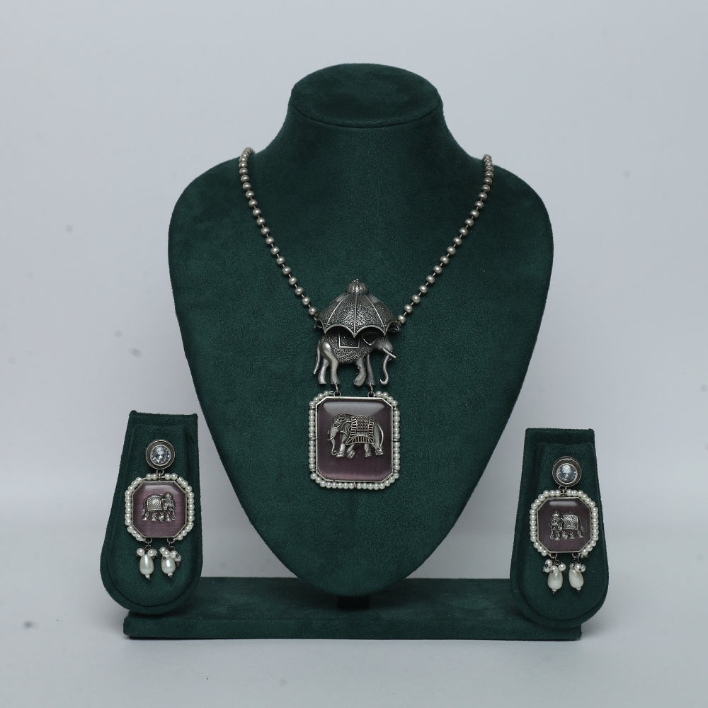 Royal Elephant Oxidized Necklace & Earring Set
