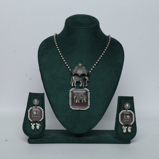 Royal Elephant Oxidized Necklace & Earring Set