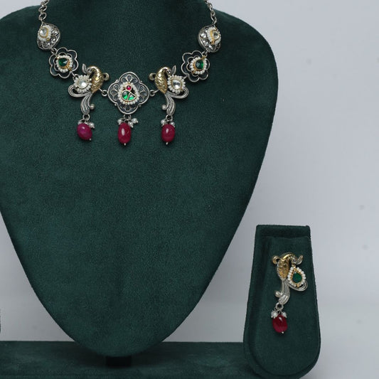 Aurika oxidized kundan set (german silver finish )