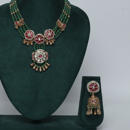 Regal Green Pearl Kundan Necklace Set