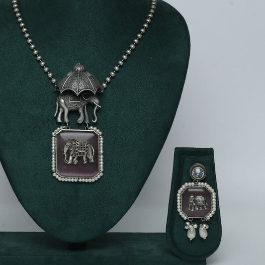 Royal Elephant Oxidized Necklace & Earring Set