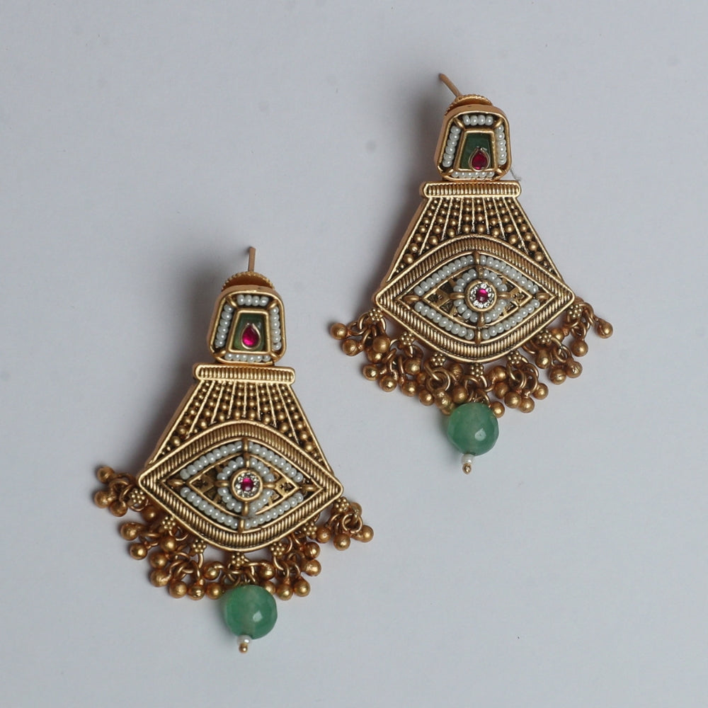 Antique Kundan Dome Jhumkas with Pearl & Green Bead Detailing