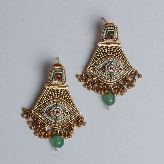 Antique Kundan Dome Jhumkas with Pearl & Green Bead Detailing