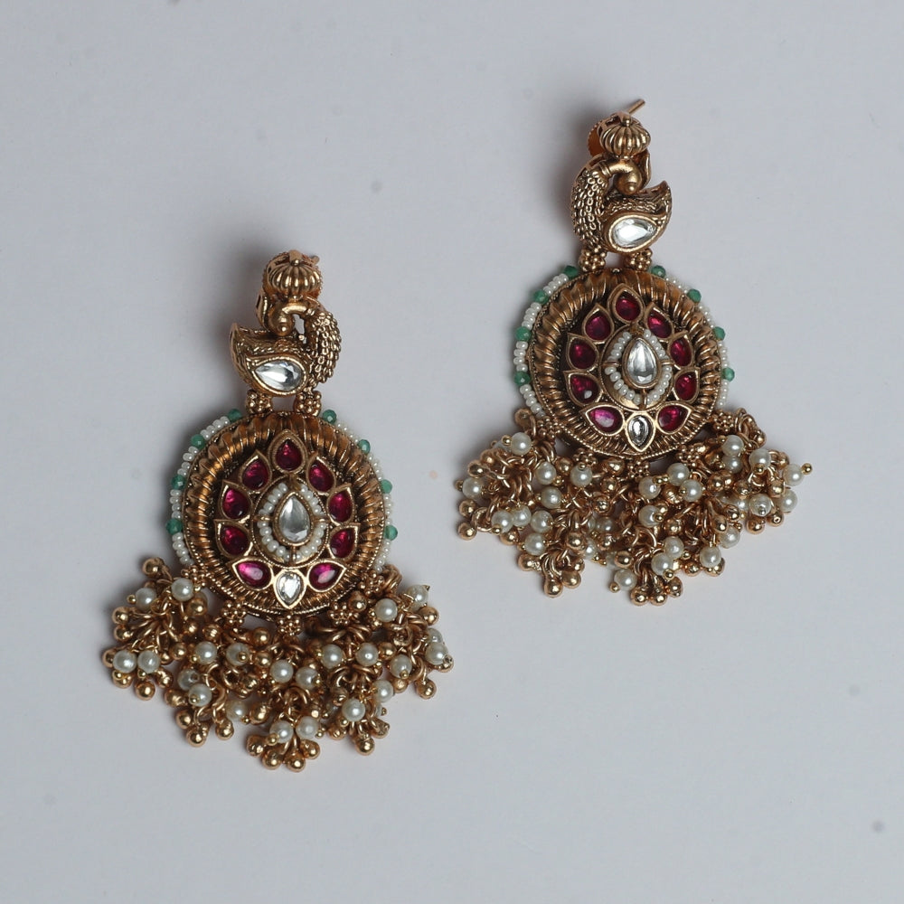 Royal Peacock Antique Jhumkas with Ruby Kundan & Pearl Tassels