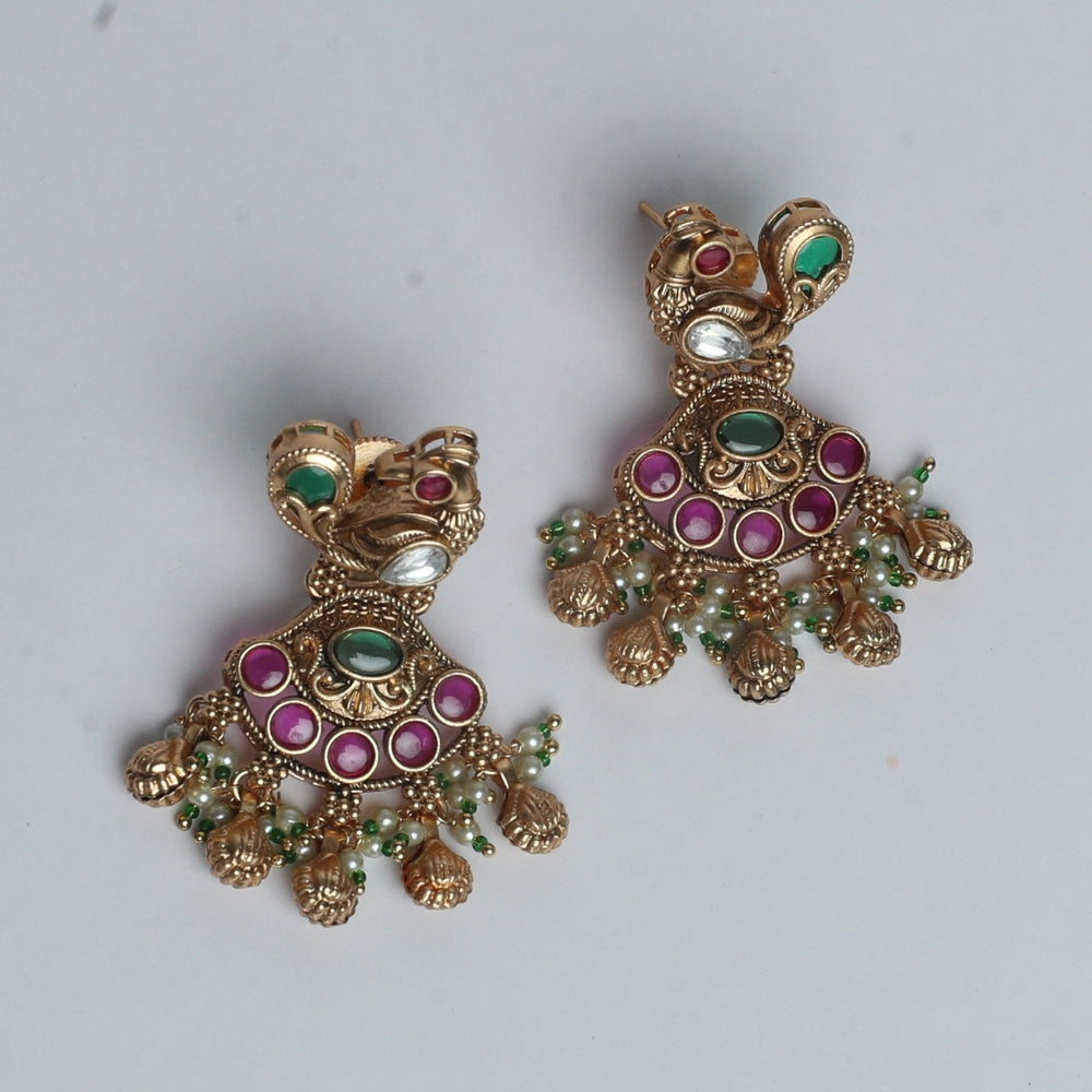 Peacock Motif Antique Jhumkas with Ruby & Emerald Accents