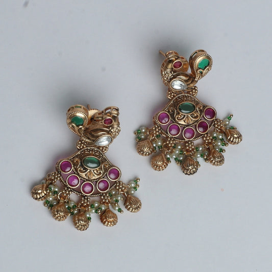 Peacock Motif Antique Jhumkas with Ruby & Emerald Accents