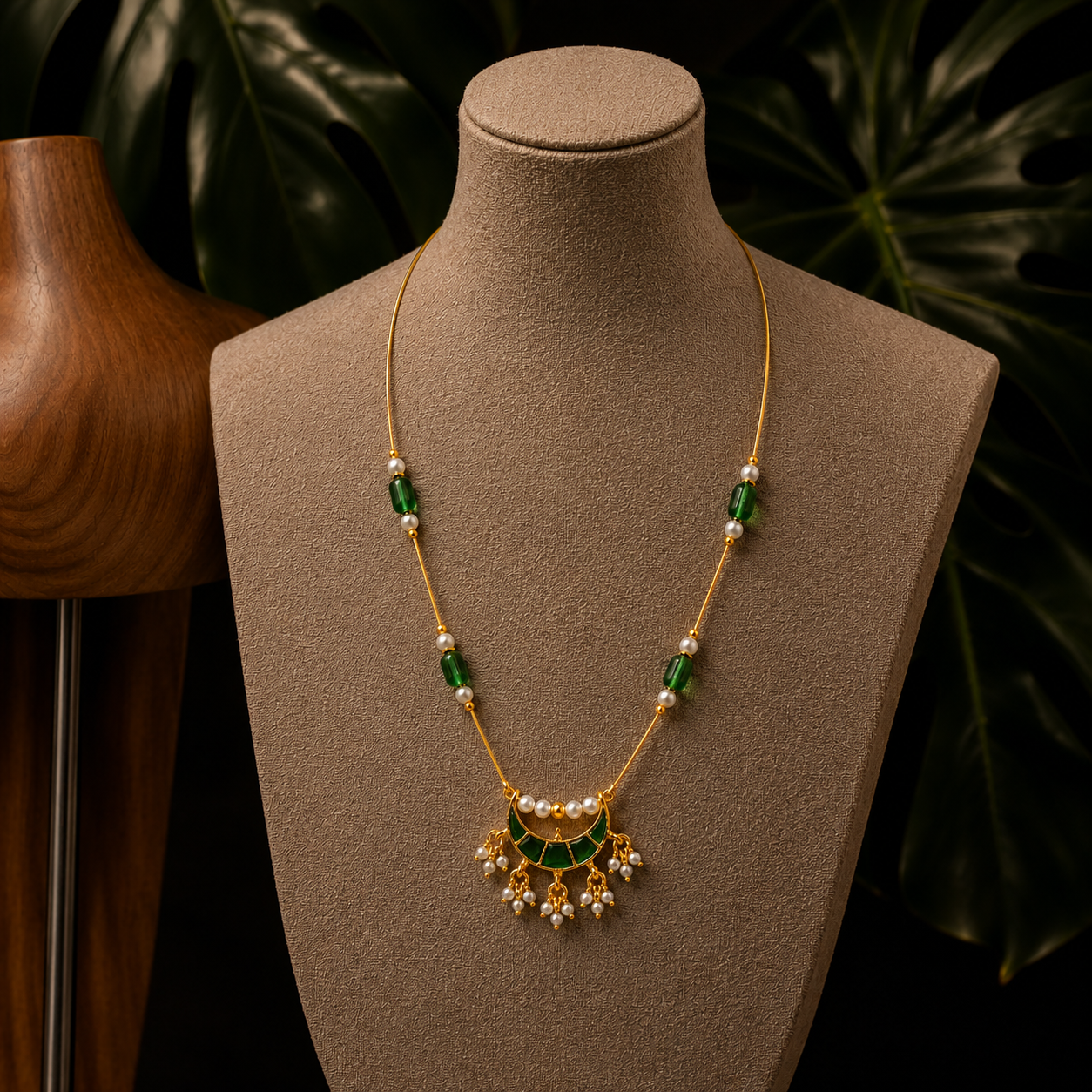 Emerald Pearl Crescent Necklace