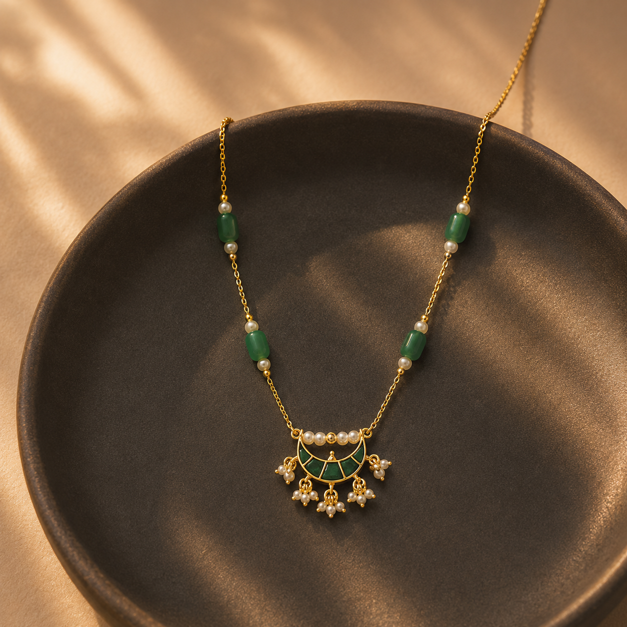 Emerald Pearl Crescent Necklace