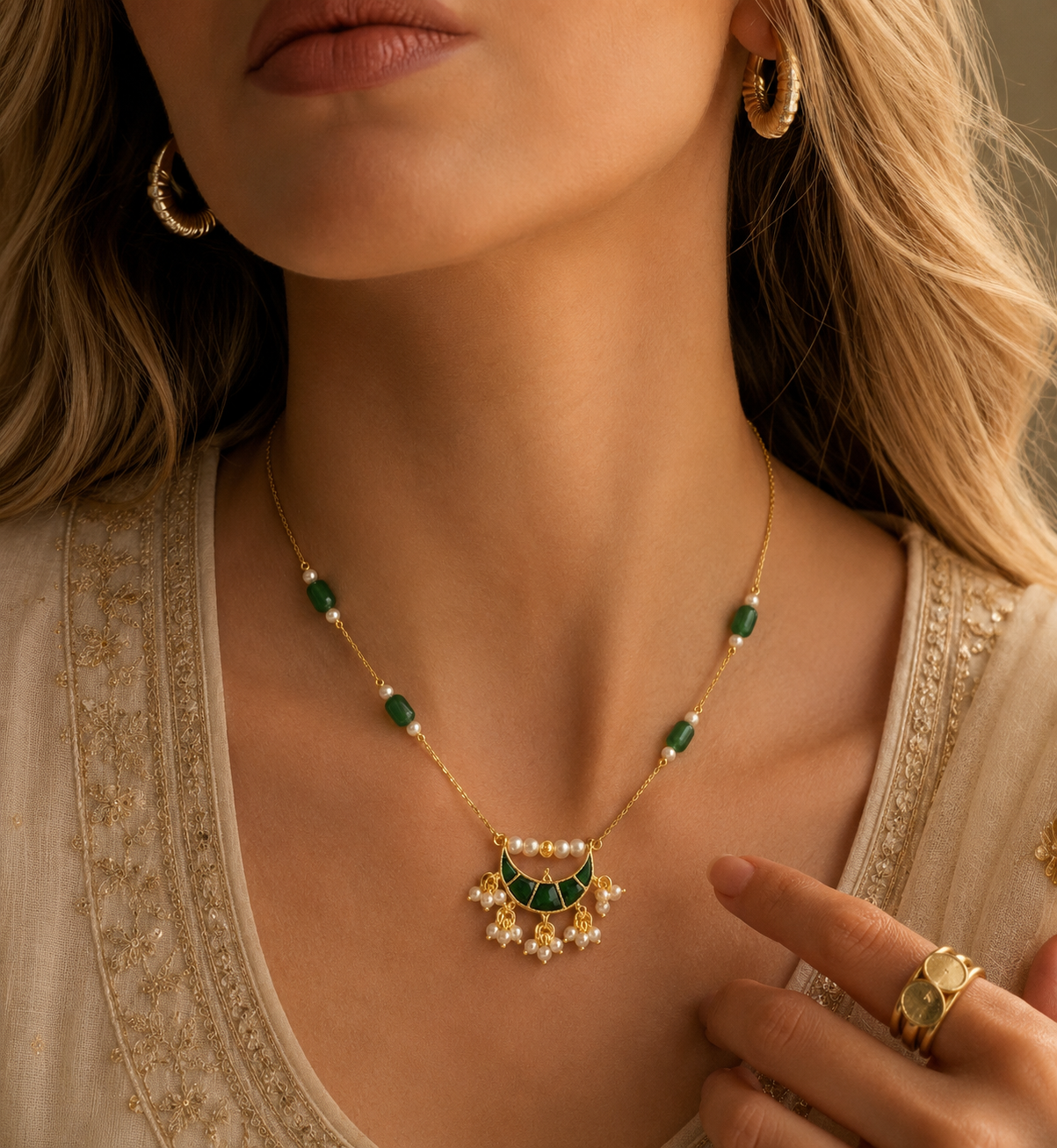 Emerald Pearl Crescent Necklace