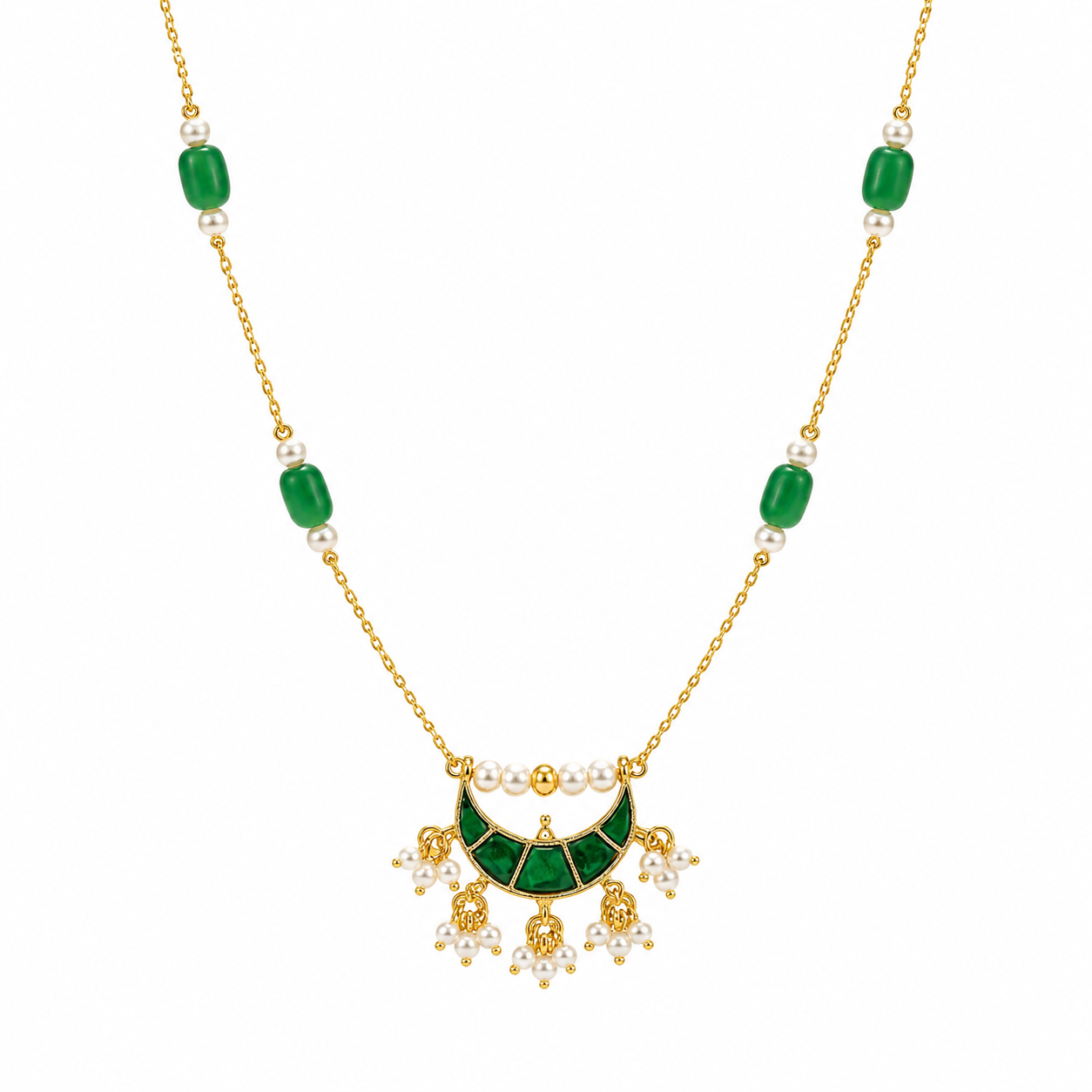 Emerald Pearl Crescent Necklace
