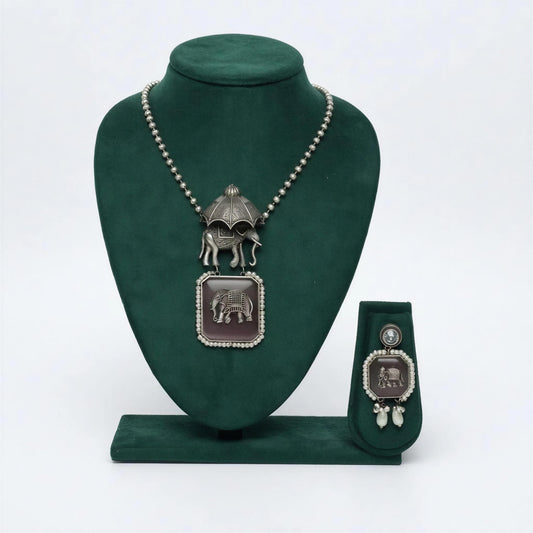 Royal Elephant Oxidized Necklace & Earring Set
