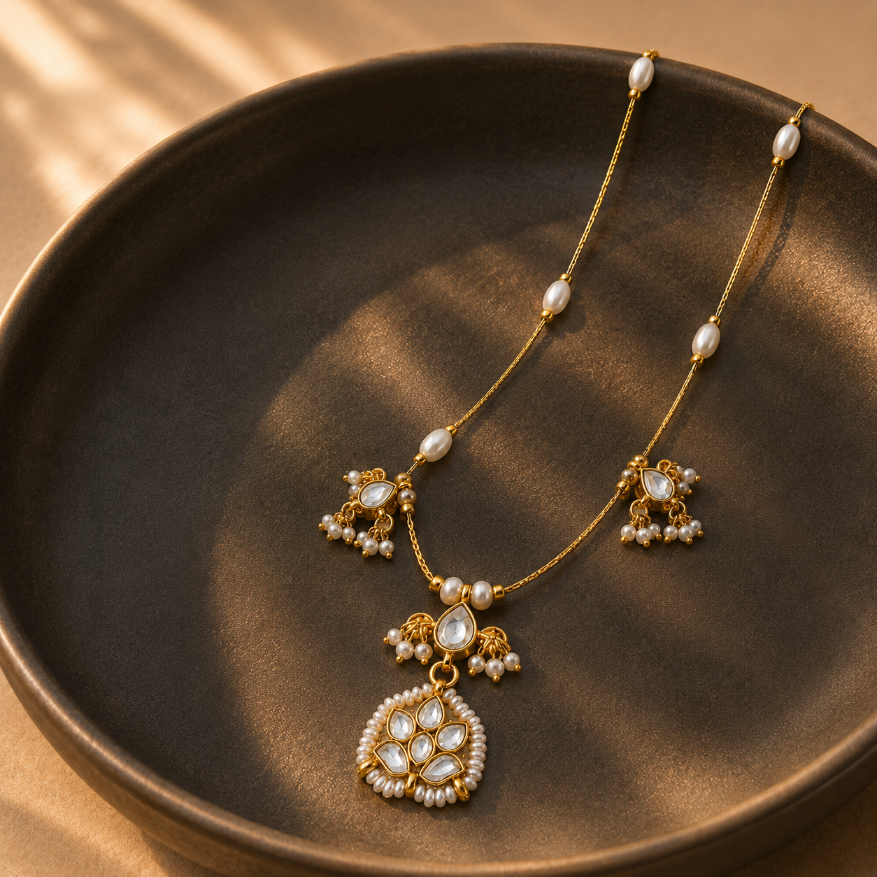 Pearl Veil Kundan Pendant Necklace