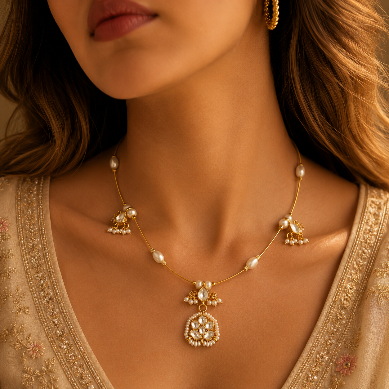 Pearl Veil Kundan Pendant Necklace
