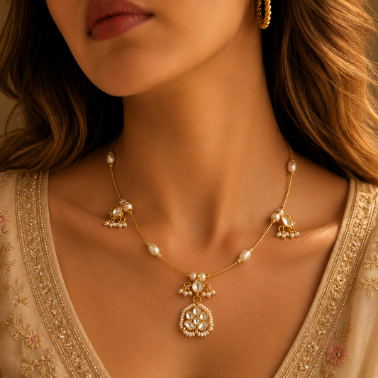 Pearl Veil Kundan Pendant Necklace