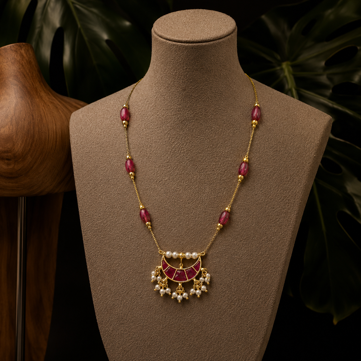 Ruby Pearl Crescent Necklace