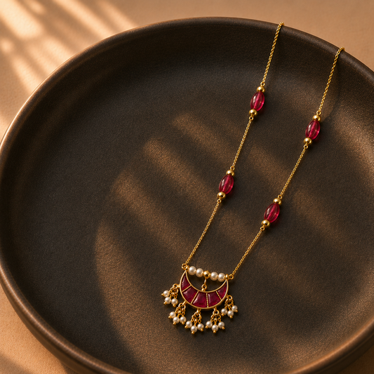 Ruby Pearl Crescent Necklace