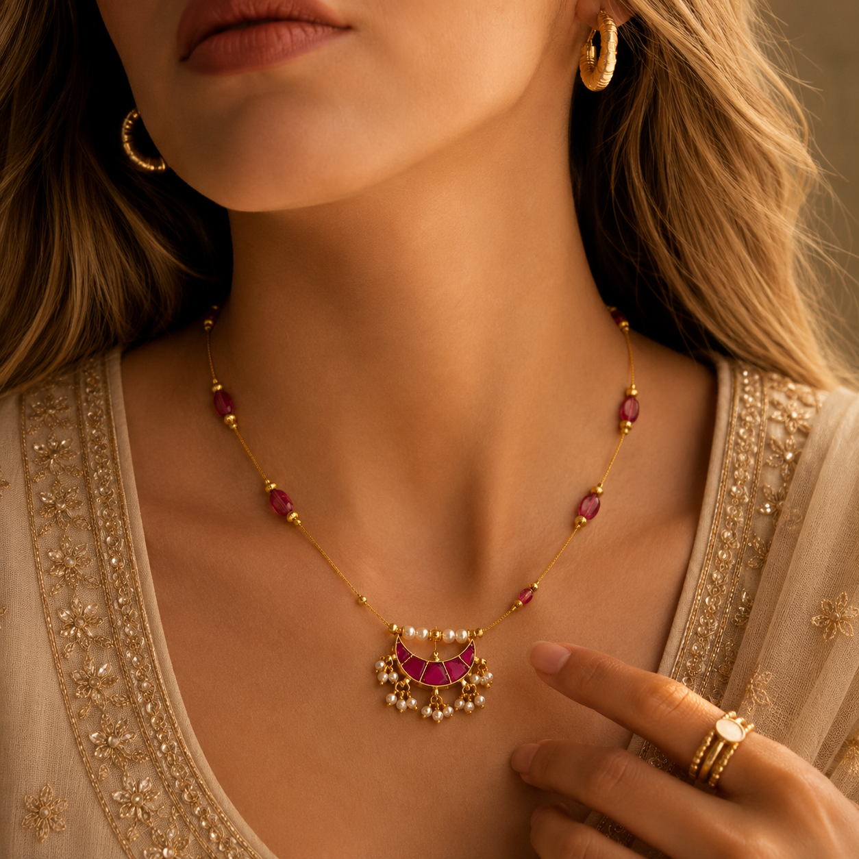 Ruby Pearl Crescent Necklace