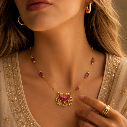 Ruby Pearl Crescent Necklace