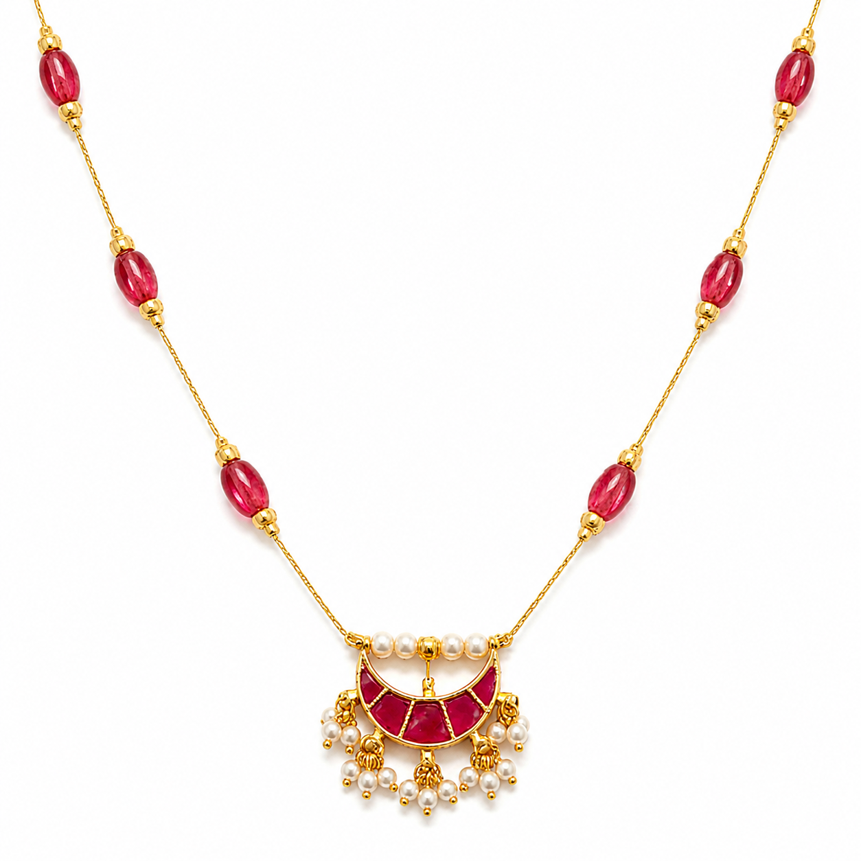 Ruby Pearl Crescent Necklace